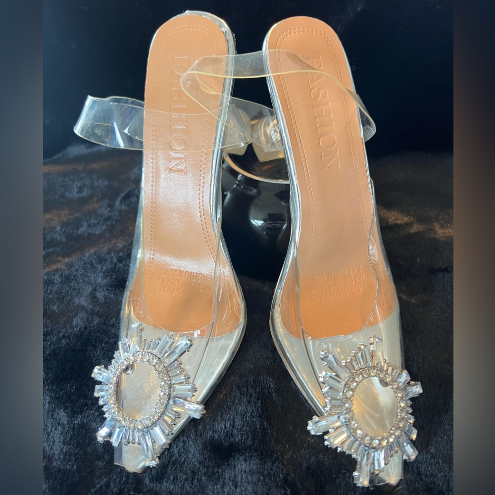 Transparent Clear Slingback with rhinestone broach
